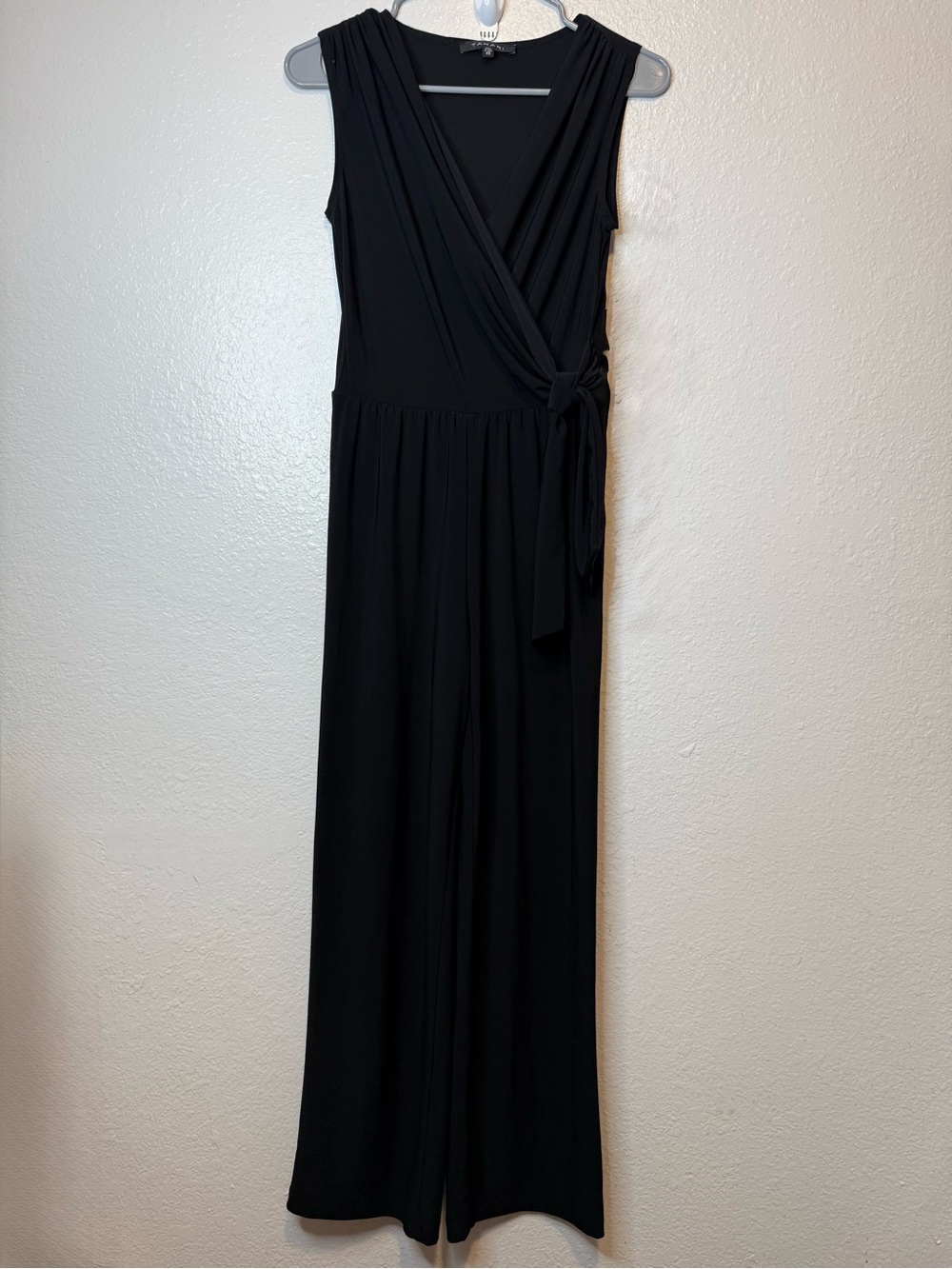 Tahari Black Jersey Jumpsuit Faux Wrap Top With Side Tie Size XS New Office